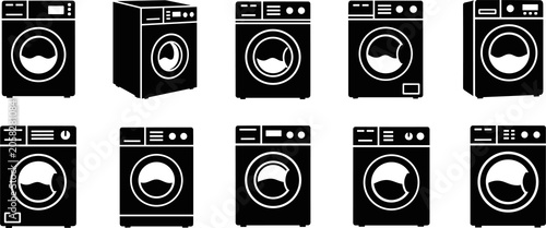 Modern washing machine icons collection, front‑loading washer silhouette, laundry appliance design, household cleaning technology, black and white illustration set