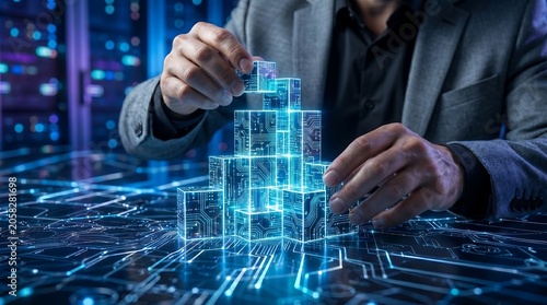 Businessman's hands building futuristic digital structure with glowing circuit board cubes, representing innovation and technology development.