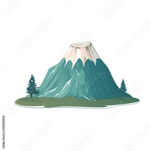 Flat design illustration of a snow-capped mountain with trees