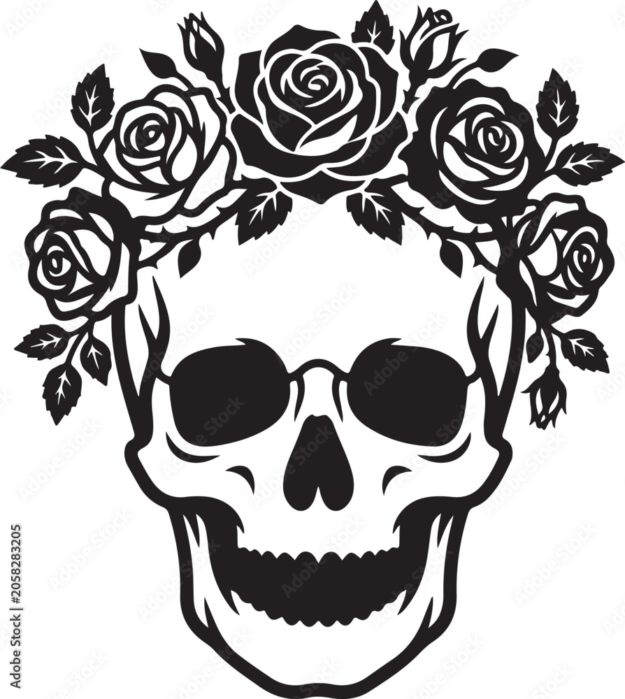 Fototapeta premium Black skull, floral crown, roses, sugar skull, day of the dead, vector icon, illustration, graphic design element