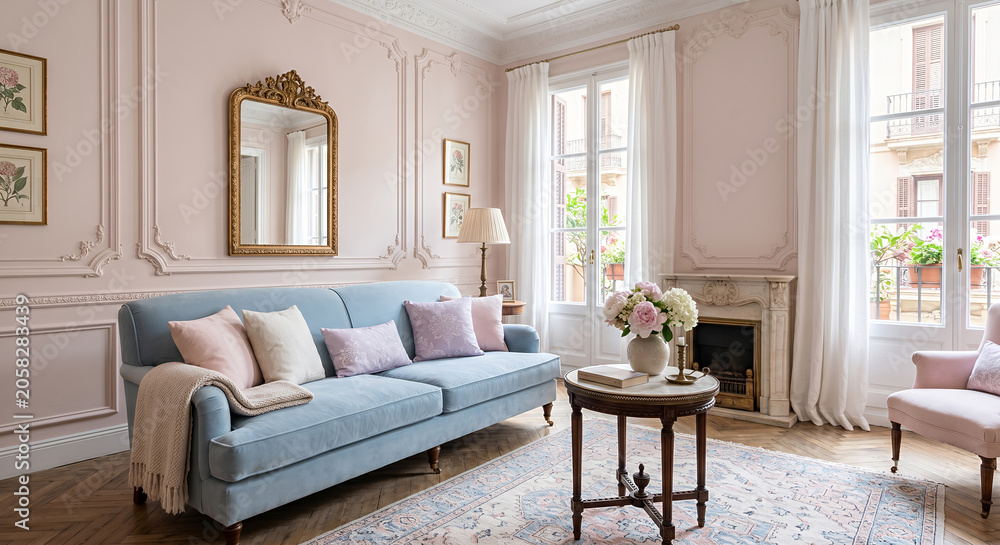 Fototapeta premium A light-filled living room with a blue sofa, decorative fireplace, and large windows overlooking a balcony. 