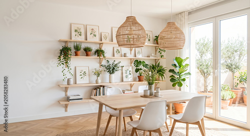 A bright, modern dining room with a wooden table, white chairs, and shelves filled with plants and artwork. Natural light streams in from a large window overlooking a patio with potted trees.