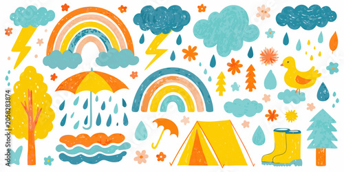 Fotografía Colorful rainy weather doodle vector set on a white background