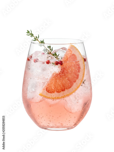Rosé Gin Cocktail with Sparkling Tonic Water and Pink Grapefruit Slice Isolated on Transparent Background PNG