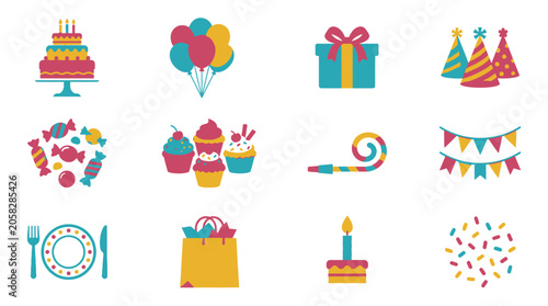 Fényképezés Colorful birthday party celebration icons.