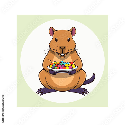 Cartoon capybara holding a plate of colorful candy