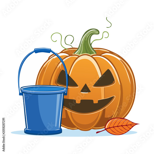 Cartoon Jack O Lantern with Bucket and Leaf