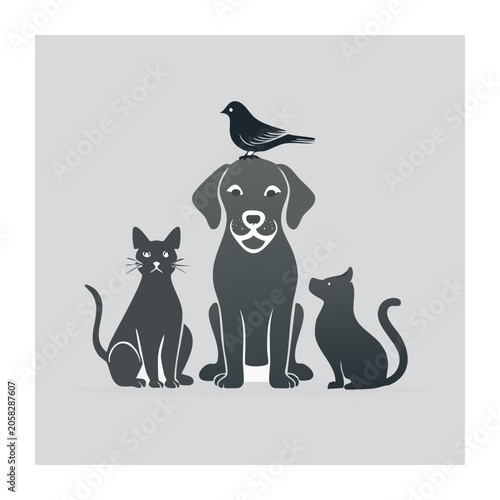 Minimalist Silhouette of Dog, Cats, and Bird