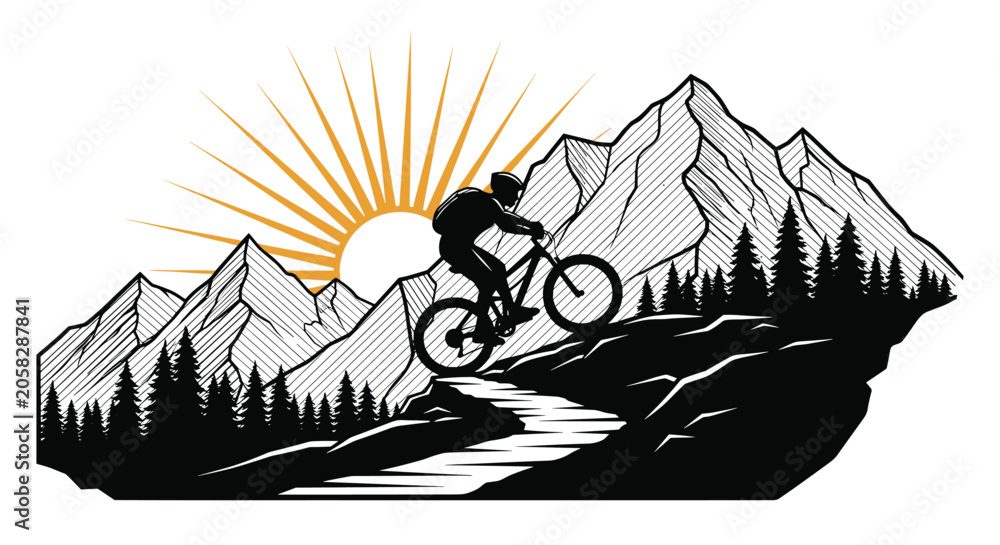 Obraz premium Striking black and white silhouette illustration of a mountain biker riding uphill against a large sun and jagged mountain peaks.