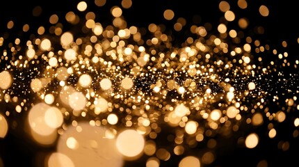Sparkling golden fairy lights scattered on dark reflective surface with bokeh glow