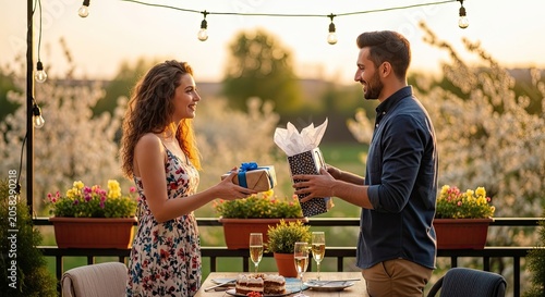 A couple enjoying a romantic outdoor dinner on a balcony with a beautiful sunset in the background.