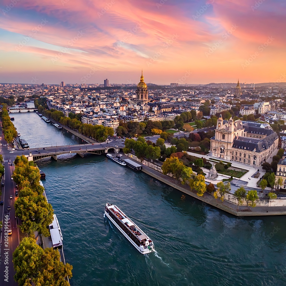 Obraz premium Aerial cityscape with river cruise at sunset