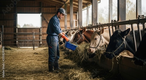 A man feeding horses in a stable with hay.