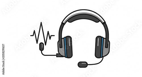 Headphones with Microphone and Sound Wave Icon.