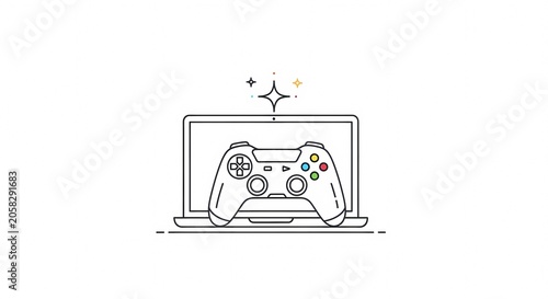 Modern Gaming Setup with Laptop and Controller Illustration.