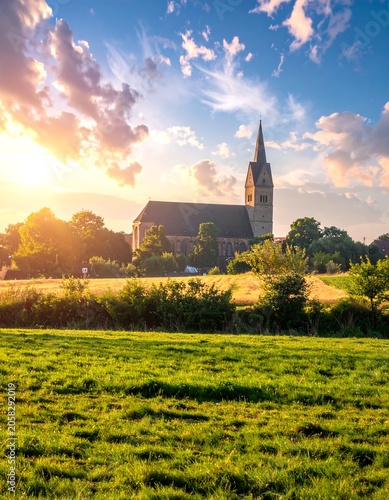 A serene landscape of a church on a sunny day with lush green grass and trees