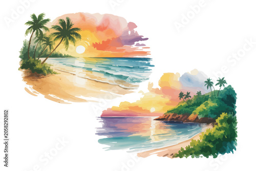 Watercolor Sunset Beach Landscape, Tropical Island, Warm Color Scene vector illustration isolated on white background