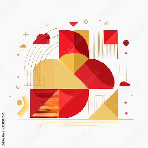 Abstract Geometric Composition with Red and Gold Shapes