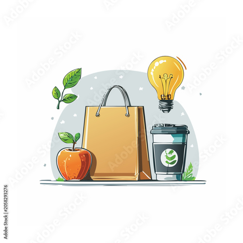 Flat design illustration of shopping bag, apple, coffee cup and light