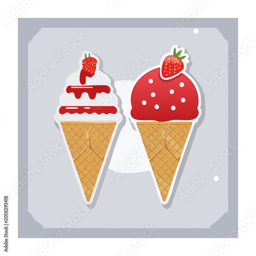Strawberry Ice Cream Cones in Flat Design