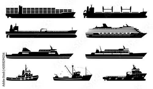 Commercial Sea Vessel Silhouette Collection with Cargo and Cruise Ship Icons