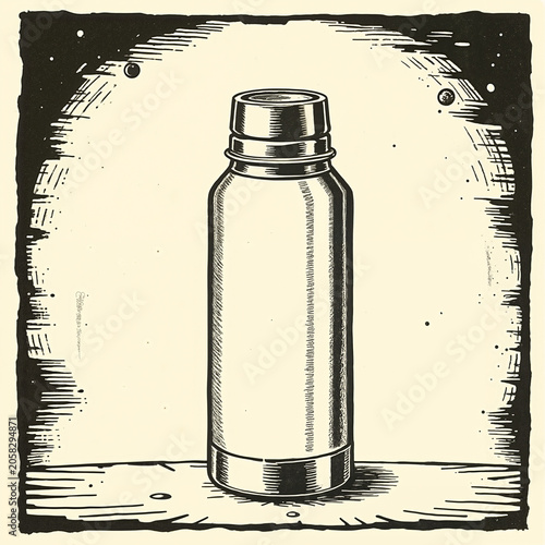 Bottle illustration, vintage style, monochrome, presented on simple background