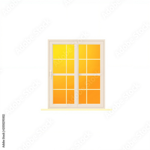 Modern double window with warm orange glow on light background