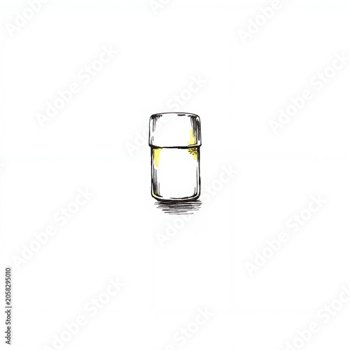 Glass jar with yellow liquid isolated on white background, minimalistic design concept