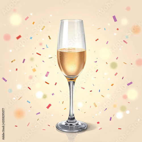 Champagne glass with festive mood and confetti on light background for celebration