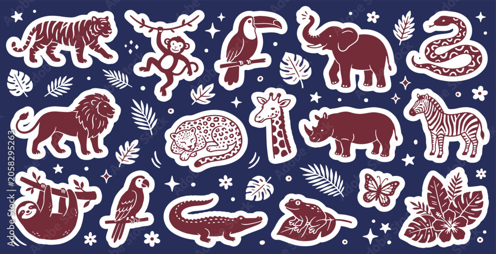 Fototapeta premium Jungle animals and tropical plants stickers set. Safari wildlife vector illustrations.