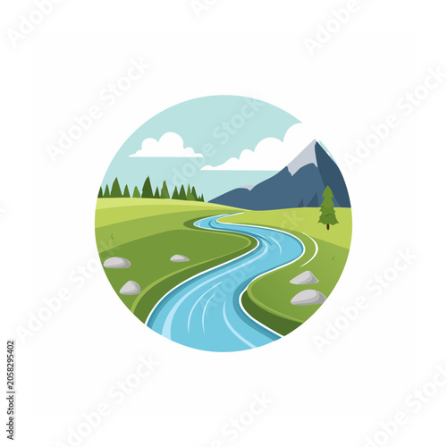 Flat design river landscape with mountains and forest