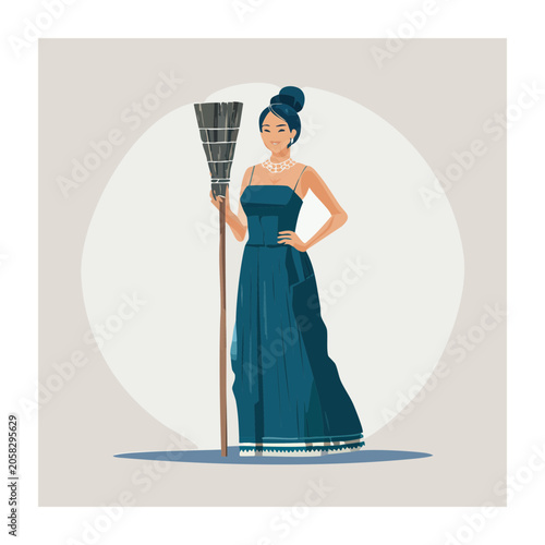 Woman in long dress holding broom illustration