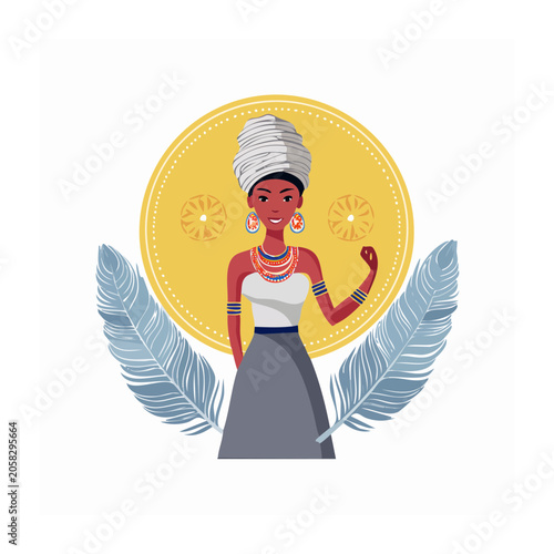 Woman in Traditional Attire with Feathers and Sun Motif