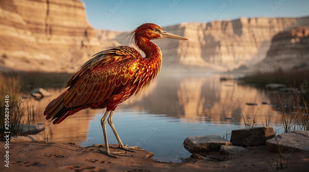 Obraz premium Golden heron standing by desert canyon river sunset.