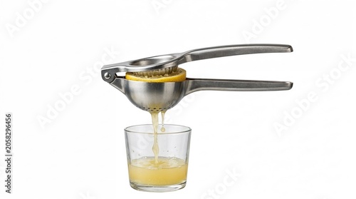Lemon juice being squeezed from a citrus press into a glass  
