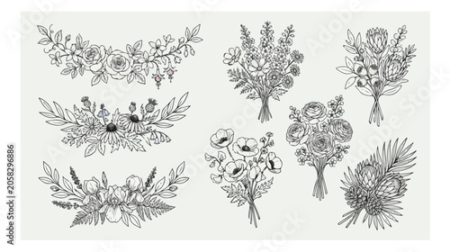 Foto Vintage hand drawn floral bouquets and botanical wreaths, set of 7 black line ar