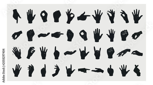 Foto Black hand silhouettes collection, 40 hand gestures vector set, human palm and f