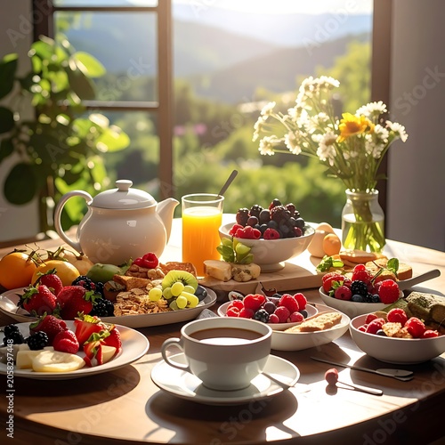 A serene breakfast spread on a wooden table by a sunny window