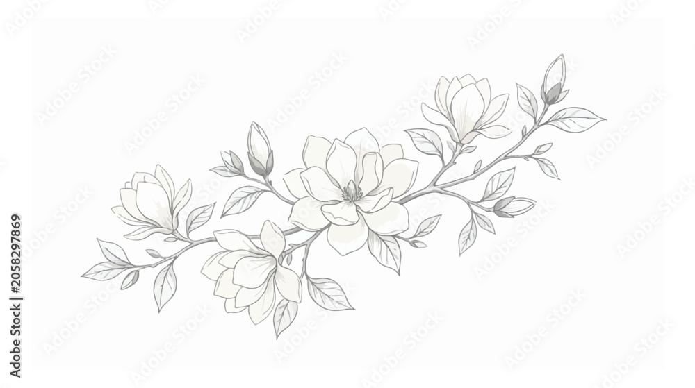 Fototapeta premium Elegant magnolia flower branch sketch, hand drawn botanical line art vector, minimalist floral blossom illustration for wedding invitations