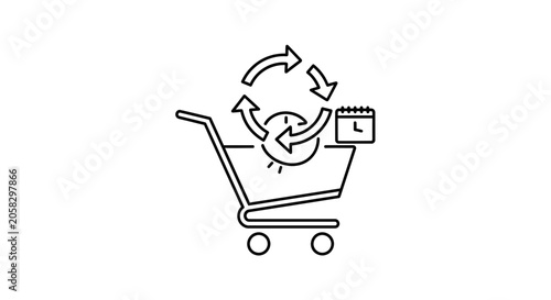 Shopping cart with refresh and calendar icons, symbolizing recurring purchases and planning