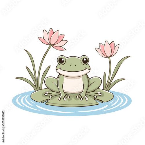 Cartoon frog sitting on lily pad with water lilies