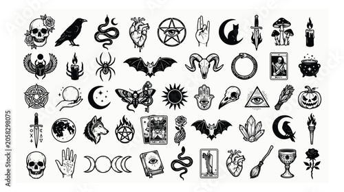 Canvas-taulu Mystical occult tattoo flash set, 50 black ink witchcraft icons, gothic esoteric