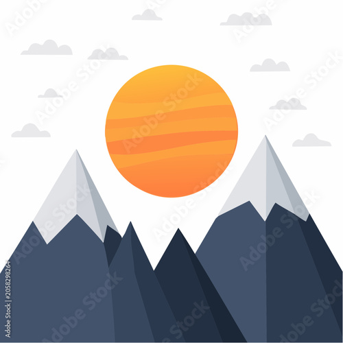 Flat Design Mountain Landscape with Sun and Clouds