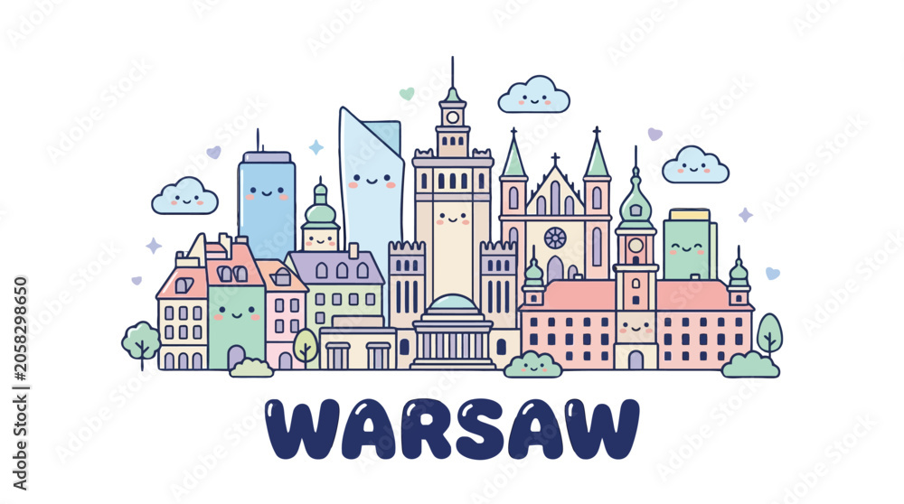 Naklejka premium Whimsical Illustration of Warsaw Cityscape Featuring Historic and Modern Architecture with Playful Cloud Accents