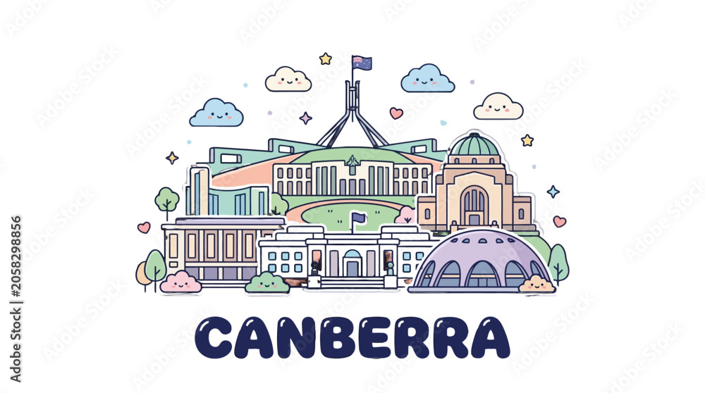 Naklejka premium Charming digital illustration of Canberra showcasing iconic landmarks and clouds under a cheerful sky