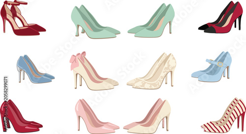 Elegant female footwear vector clipart set with diverse high heel pumps mary janes dress shoes oxford flats and winter booties graphic pattern design