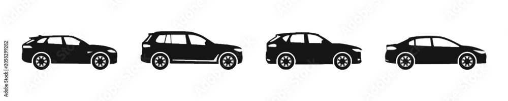 Fototapeta premium Set of four different car silhouette icons in flat black design