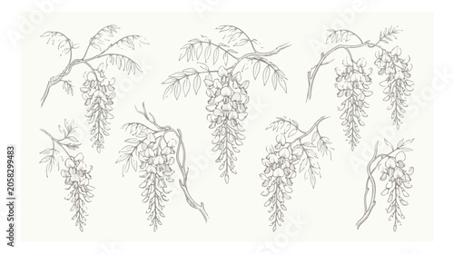 Foto Vintage wisteria flower line art collection, hand drawn botanical sketches of ha