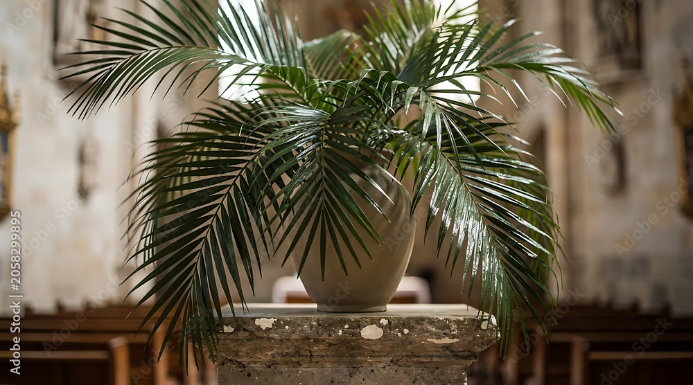 Fototapeta premium Green palm plant inside a historic church sanctuary.