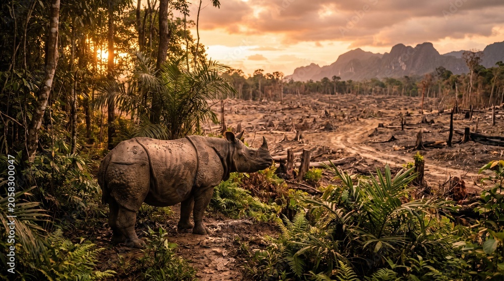 Fototapeta premium Endangered rhinoceros in deforested landscape at sunset